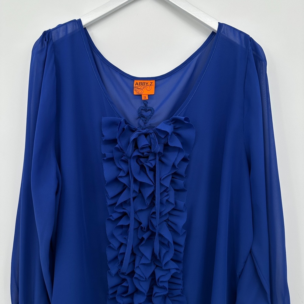 Abby Z Top Shirt Blouse Size 2X Sheer Ruffle Embroidered Coquette Elegant Glam - Picture 3 of 14